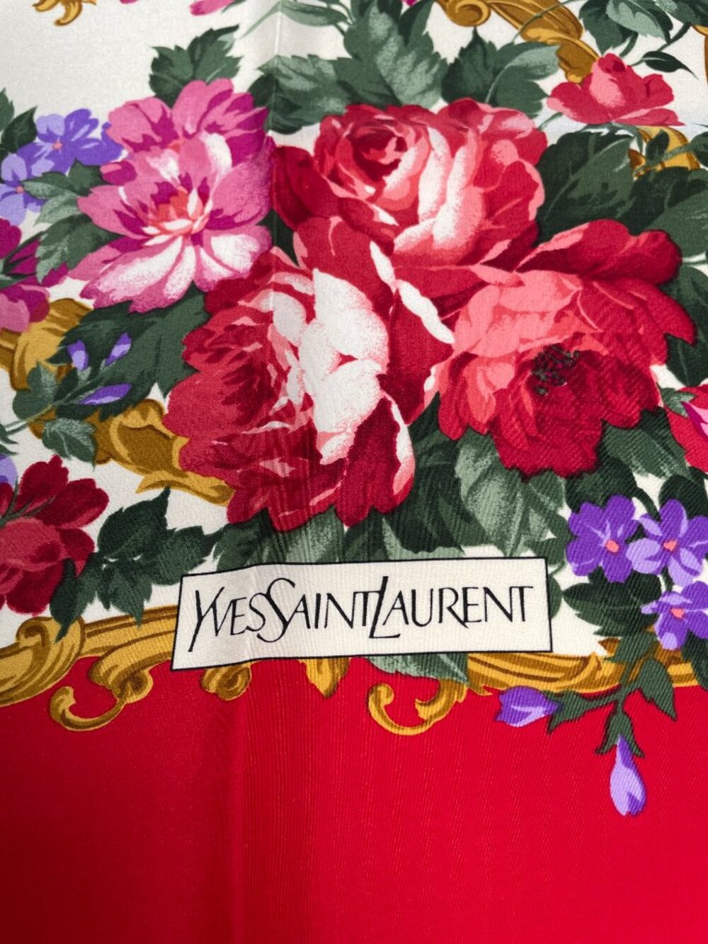 Yves Saint Laurent Silk Scarf Red Floral Baroque Frame Square Vintage YSL - Picture 3 of 15
